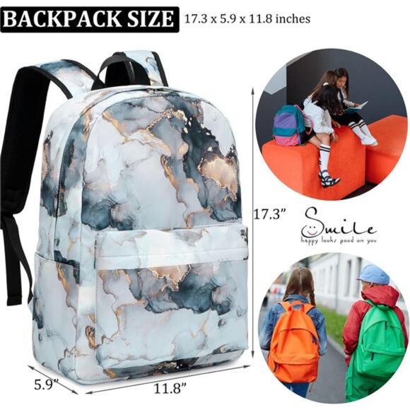 Backpacks for Girls, Marble Girls Backpack with Lunch Box Kids School - Picture 3 of 8